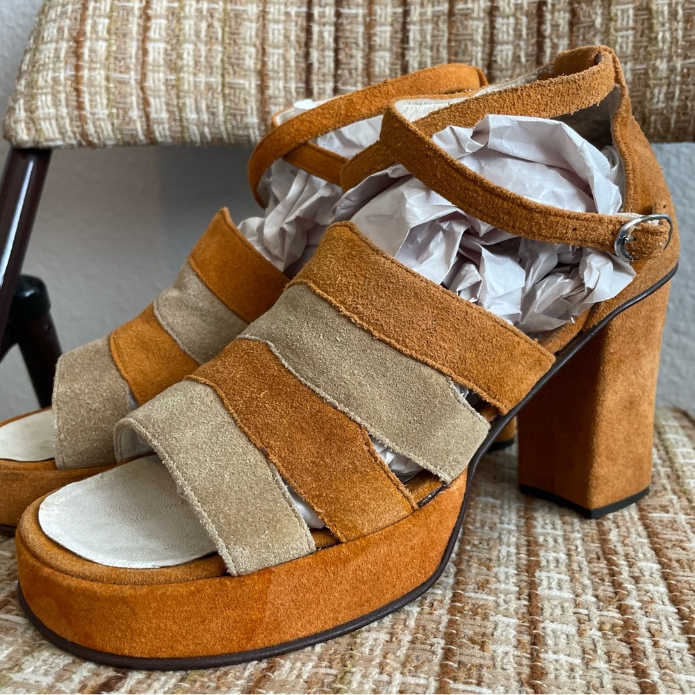 Vintage 1970s orange and tan suede strappy platform heels